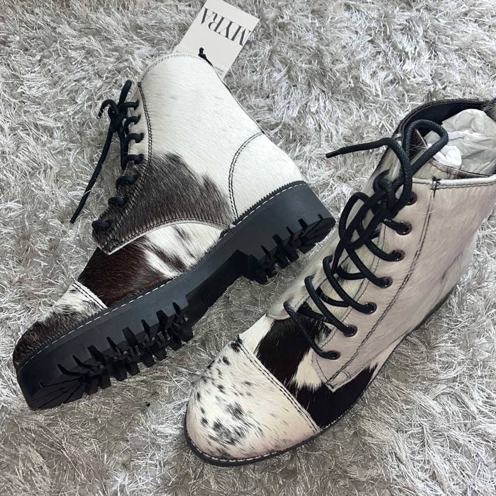 Myra Bag Black and White Cowhide Ankle Boots